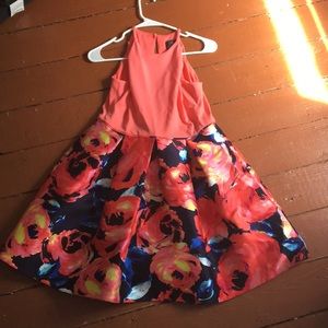 Floral patterned dress: brand is “Adrianna Papell”